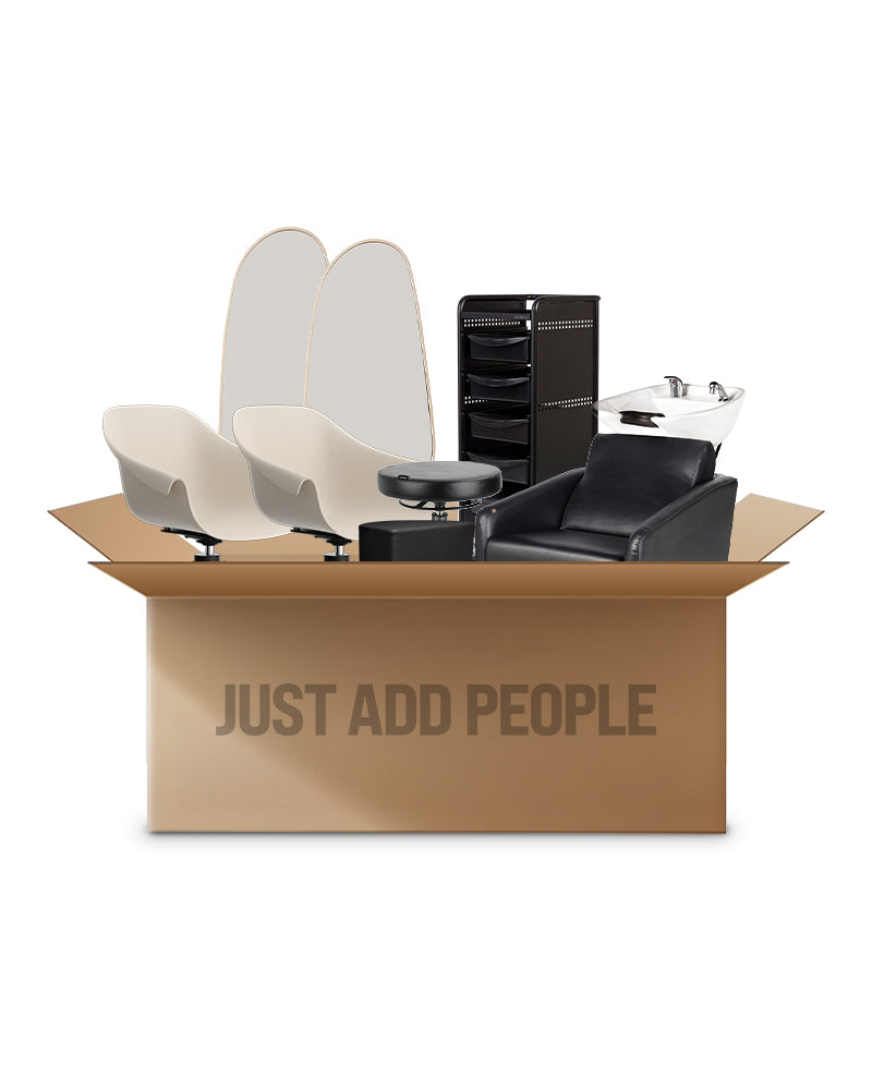Beige frisør startpakke - med 2 kundeplasser, 1 vaskested og utstyr