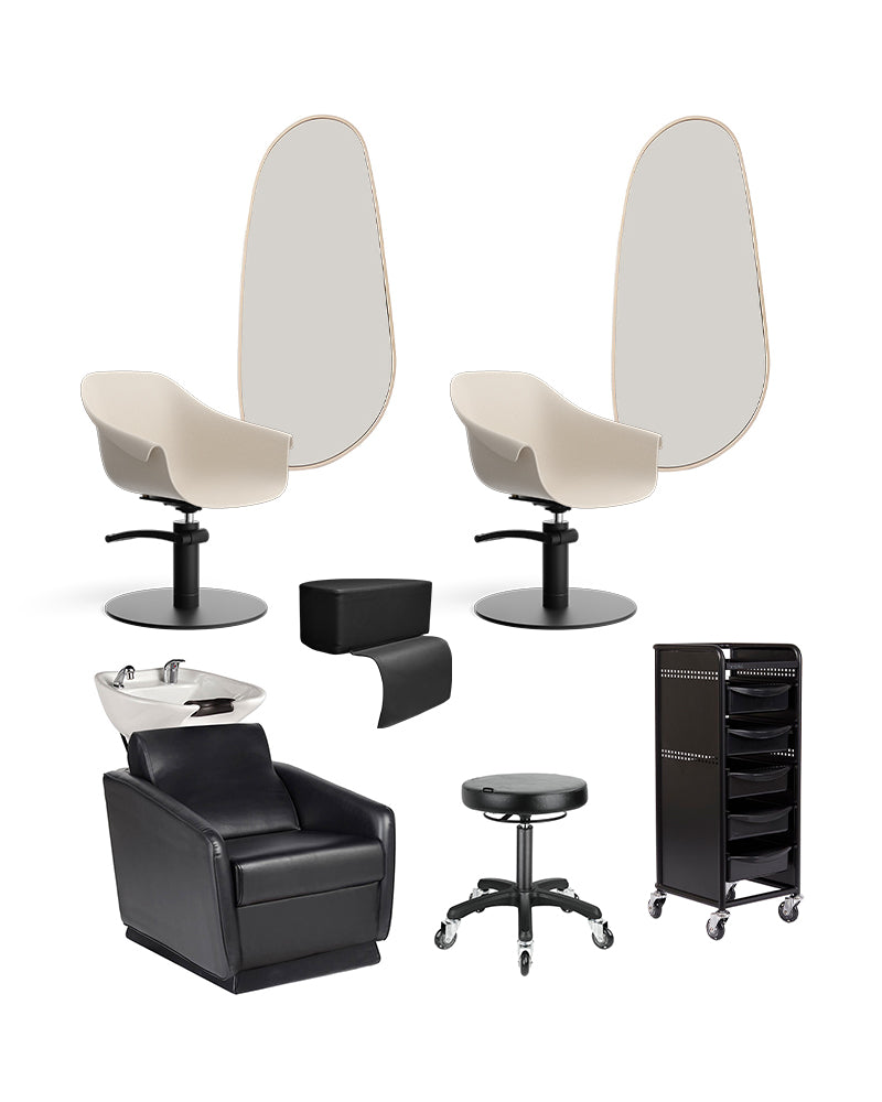 Beige frisør startpakke - med 2 kundeplasser, 1 vaskested og utstyr