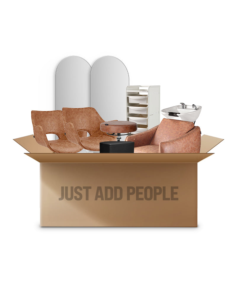 Tan hvit frisør startpakke - med 2 kundeplasser, 1 vaskested og utstyr