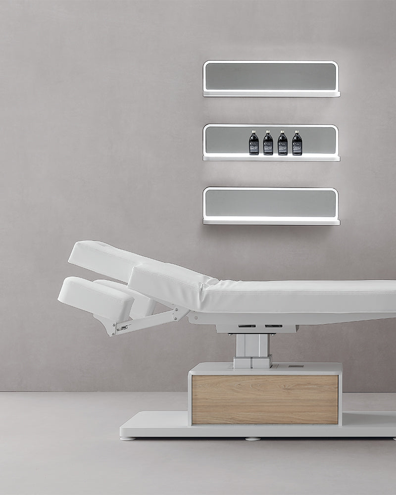 The Ben - White massage table with oak pattern details - with motor - with adjustable armrests