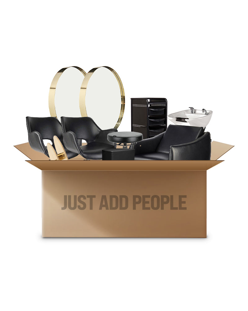Gold hairdressing starter kit with 2 styling stations, 1 washing unit and equipment