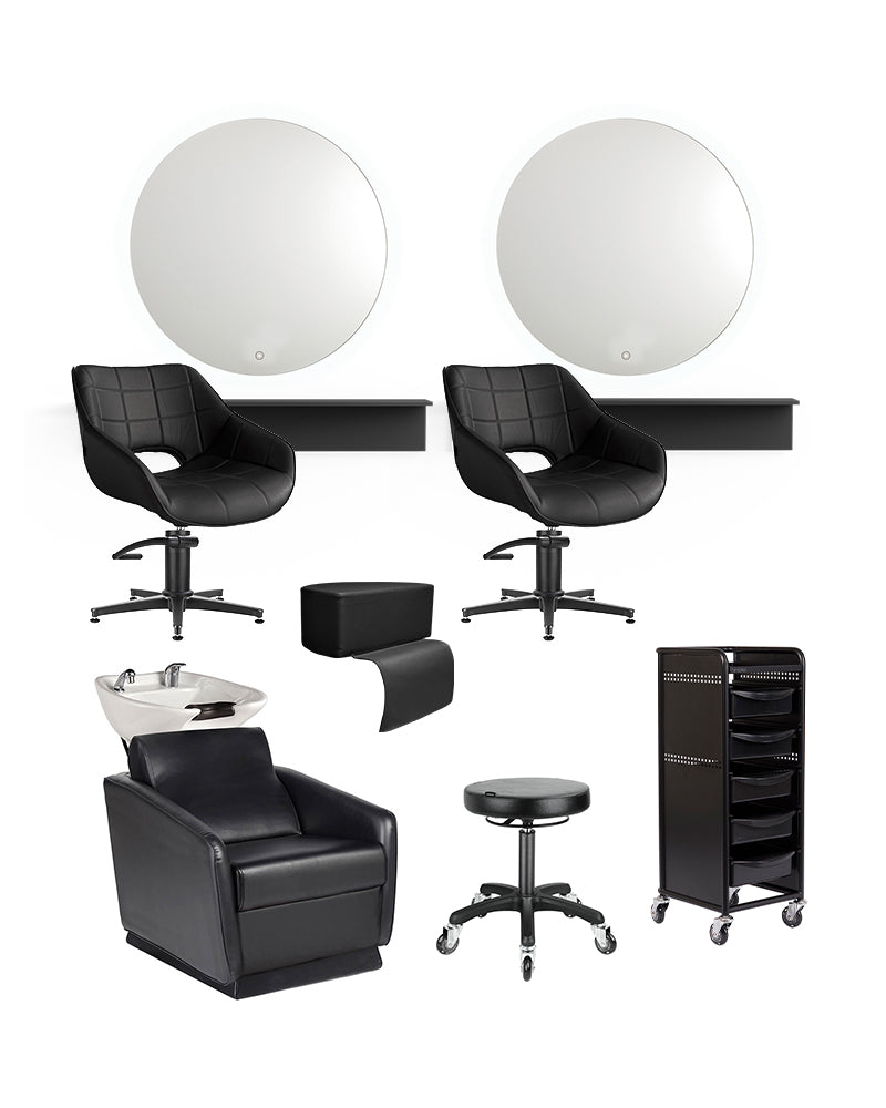 Black hairdressing starter kit with 2 styling stations, 1 washing unit and equipment